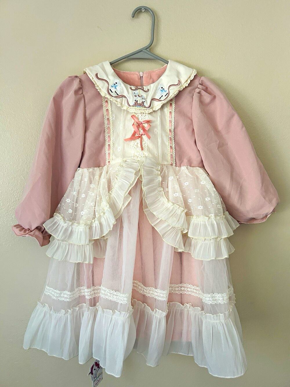 Girls Lolita Princess Dress Pink Fleece Lined Sheep Embroidery Size 5-6 Yrs